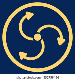 Fan Rotation vector icon. Style is flat circled symbol, yellow color, rounded angles, blue background.