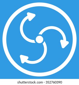 Fan Rotation vector icon. Style is flat circled symbol, white color, rounded angles, blue background.