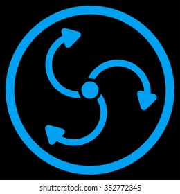 Fan Rotation vector icon. Style is flat circled symbol, blue color, rounded angles, black background.