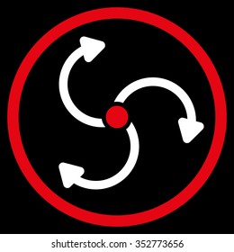 Fan Rotation vector icon. Style is bicolor flat circled symbol, red and white colors, rounded angles, black background.