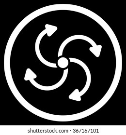 Fan Rotation vector icon. Style is flat circled symbol, white color, rounded angles, black background.