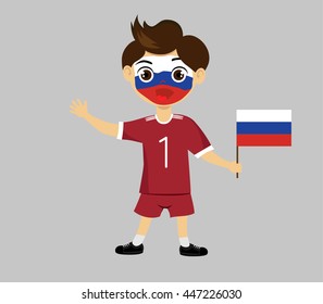 Fan of Russia national football team, sports. Boy with flag in the colors of the national command with sports paraphernalia. 