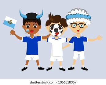 Fan of san marino national football, hockey, basketball team, sports. Boy with san marino flag in the colors of the national command with sports paraphernalia. Boy with san marino flag in