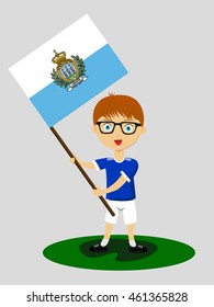Fan of San Marino national football team, sports. Boy with flag in the colors of the state command with sports paraphernalia.