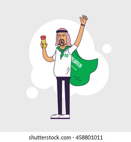 Fan of Saudi Arabia national football team, sports. Character with flag in the national colors. Flat line style design