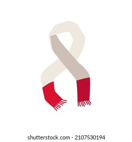 Fan scarf to support soccer players during championship or other competition. Knitted white with red long fringed scarf in flat vector illustration isolated on white background