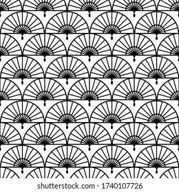 Fan seamless pattern. Chinese, Japanese style. Traditional oriental texture. Scale ornate background. Japan Asian culture ethnic motif. Black and white geometric shell, china design for prints. Vector