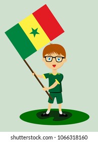 Fan of Senegal national football, hockey, basketball team, sports. Boy with Senegal flag in the colors of the national command with sports paraphernalia. Boy with Senegal flag in the form of a sport.