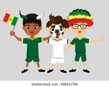 Fan of Senegal national football team, sports. Boy with flag in the colors of the state command with sports paraphernalia.