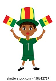 Fan of Senegal national football team, sports. Boy with flag in the colors of the state command with sports paraphernalia.