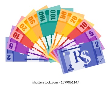 Fan Shaped Stack of Brazilian Real Banknotes in various value money vector icon logo and design. Brazil business, payment and finance element. Can be used for web, mobile, infographic, and print. svg