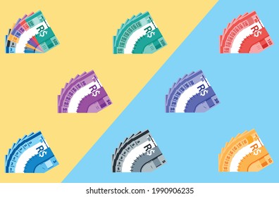 Pila con forma de abanico de billetes brasileños Real todos los billetes en varios diseños y logotipos de vectores de dinero de valor.Elemento de concepto económico y financiero. Se puede usar para web y móvil, infografía e impresión.
