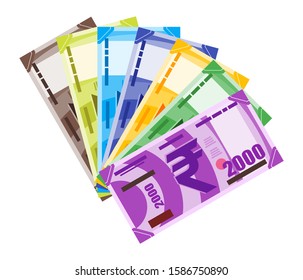 Fan Shaped Stack of Indian Rupee Banknotes in various value money vector icon logo and design. India business, payment and finance element. Can be used for web, mobile, infographic, and print.