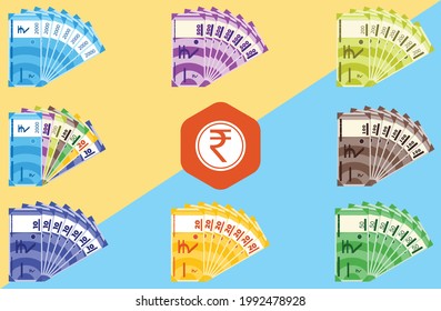 Fan Shaped Stack of Indian Rupee Banknotes in various value money vector icon logo illustration and design.  India currency business, payment and finance element. Can be used for web, mobile.