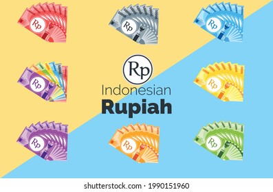 Fan Shaped Stack der indonesischen Rupiah alle Banknoten in verschiedenen Wert Geld Vektorsymbol und Design. Indonesien Geschäftsbereich, Zahlungs- und Finanzierungselement. Kann für Web, mobile verwendet werden.