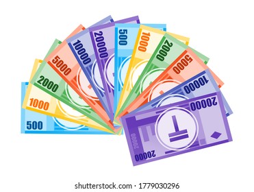 Fan Shaped Stack von Kazakhstani Tenge Banknoten in Verschiedenem Wert Geld Vektor Symbol Logo & Design. Kasachstan Business, Payment & Finance Element. Kann für digitale & gedruckte Infografik verwendet werden.