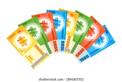 Fan Shaped Stack von südkoreanischen Won-Banknoten in Verschiedenes Geld Vektor Illustration. Südkorea - Business, Payment and Finance Element. Kann für Digital und Printable Infografik verwendet werden.