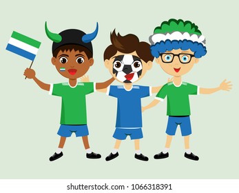 Fan of Sierra Leone national football, hockey, basketball team, sports. Boy with Sierra Leone flag in the colors of the national command with sports paraphernalia. Boy with Sierra Leone flag