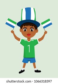 Fan of Sierra Leone national football, hockey, basketball team, sports. Boy with Sierra Leone flag in the colors of the national command with sports paraphernalia. Boy with Sierra Leone flag