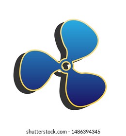 Fan sign. Blue icon with gold contour with dark gray shadow at white background. Illustration.