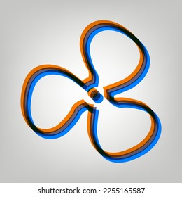 Lüfterzeichen. Starkes Symbol auf grauem Hintergrund in Orange, Azurblau und alten Lavendelfarben. Illustration.