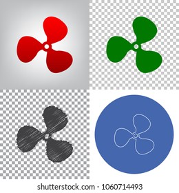 Fan sign. Vector. 4 styles. Red gradient in radial lighted background, green flat and gray scribble icons on transparent and linear one in blue circle.