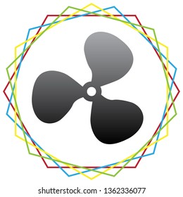 Fan sign. Vector. Black icon with patch of light inside colorful hexagonal frames at white background.