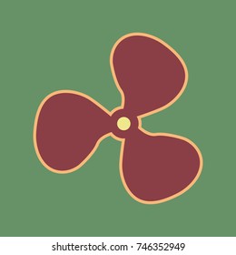 Fan sign. Vector. Cordovan icon and mellow apricot halo with light khaki filled space at russian green background.
