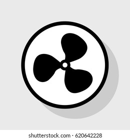 Fan sign. Vector. Flat black icon in white circle with shadow at gray background.