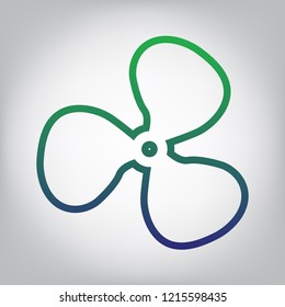 Fan sign. Vector. Green to blue gradient contour icon at grayish background with light in center.