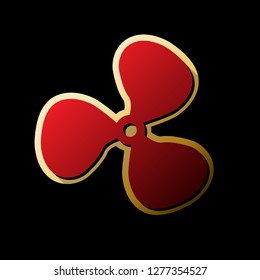 Fan sign. Vector. Red icon with small black and limitless shadows at golden sticker on black background.