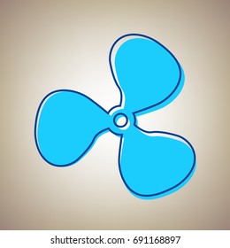 Fan sign. Vector. Sky blue icon with defected blue contour on beige background.