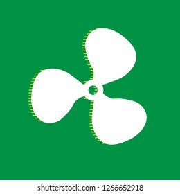 Fan sign. Vector. White flat icon with yellow striped shadow at green background.