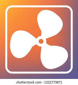 Fan sign. Vector. White icon on transparent button at orange-violet gradient background.
