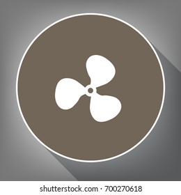 Fan sign. Vector. White icon on brown circle with white contour and long shadow at gray background. Like top view on postament.
