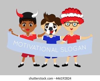 Fan of  Singapore national football team, sports. Boys in the colors of the national command with sports paraphernalia.