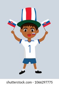 Fan of Slovakia national football, hockey, basketball team, sport. Boy with Slovakia flag in the colors of the national command with sports paraphernalia. Boy with Slovakia flag in the form of a sport