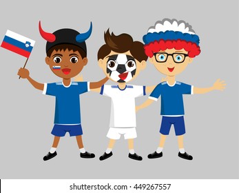 Fan of Slovenia national football team, sports. Boy with flag in the colors of the national command with sports paraphernalia.