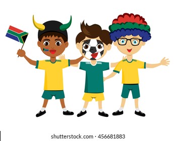 Fan of South Africa national football team, sports. Boy with flag in the colors of the state command with sports paraphernalia.