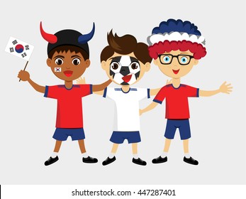 Fan of South Korea national football team, sports. Boy with flag in the colors of the national command with sports paraphernalia.