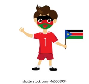 Fan of South Sudan national football team, sports. Boy with flag in the colors of the state command with sports paraphernalia.
