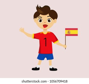 Fan of Spain national football, hockey, basketball team, sports. Boy with Spain flag in the colors of the national command with sports paraphernalia. Boy with Spain flag in the form of a sport.
