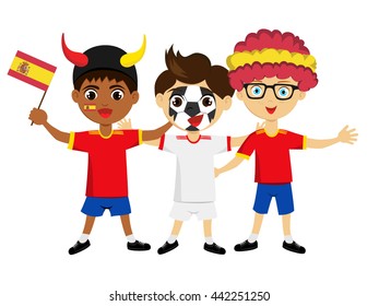Fan of Spain national football team, sports. Boy with flag in the colors of the national command with sports paraphernalia. 