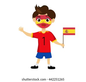 Fan of Spain national football team, sports. Boy with flag in the colors of the national command with sports paraphernalia. 