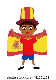 Fan of Spain national football team, sports. Boy with flag in the colors of the national command with sports paraphernalia. 