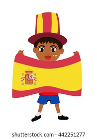 Fan of Spain national football team, sports. Boy with flag in the colors of the national command with sports paraphernalia. 