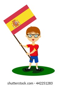 Fan of Spain national football team, sports. Boy with flag in the colors of the national command with sports paraphernalia. 