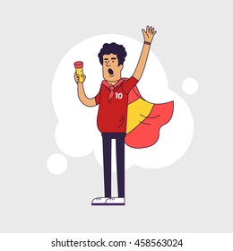 Fan of Spain national football team, sports. Character with flag in the national colors. Flat line style design