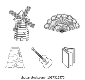 Fan Spanish, mill, guitar, skirt for national Spanish dances. Spain country set collection icons in outline style vector symbol stock illustration web.