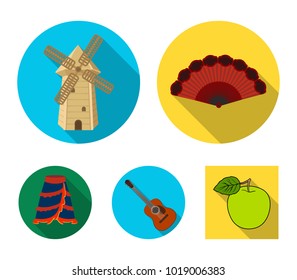 Fan Spanish, mill, guitar, skirt for national Spanish dances. Spain country set collection icons in flat style vector symbol stock illustration web.